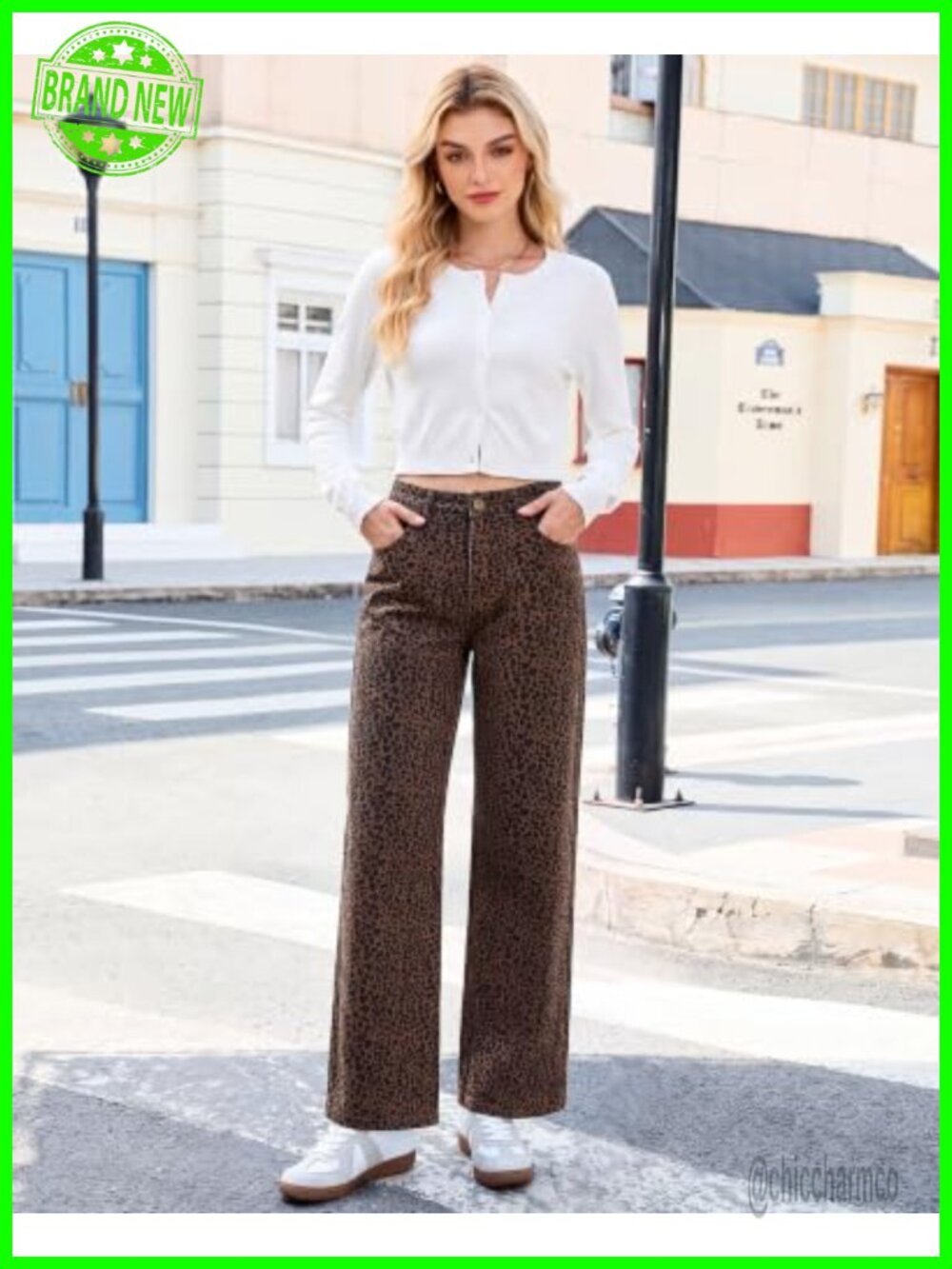 Womens Wide Leg High Waist Stretchy Leopard Print Jeans - Picture 6 of 6